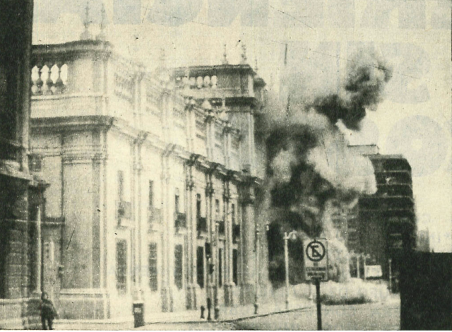 The institution of neoliberalism in Chile, 1973: La Moneda, the presidential palace, is bombed (photo by Biblioteca del Congreso Nacional de Chile)
